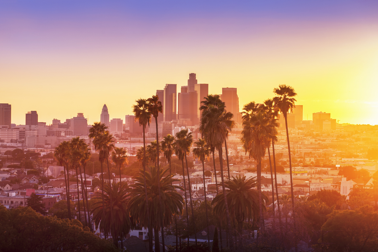 Downtown Los Angeles photographed at sunset with palm tress in the foreground. The City of Los Angeles, often known by its initials L.A., is a major city in Southern California. Los Angeles is the second-largest city in the United States. Hollywood, Beverly Hills and the San Fernando Valley are all well known areas in and around Los Angeles.